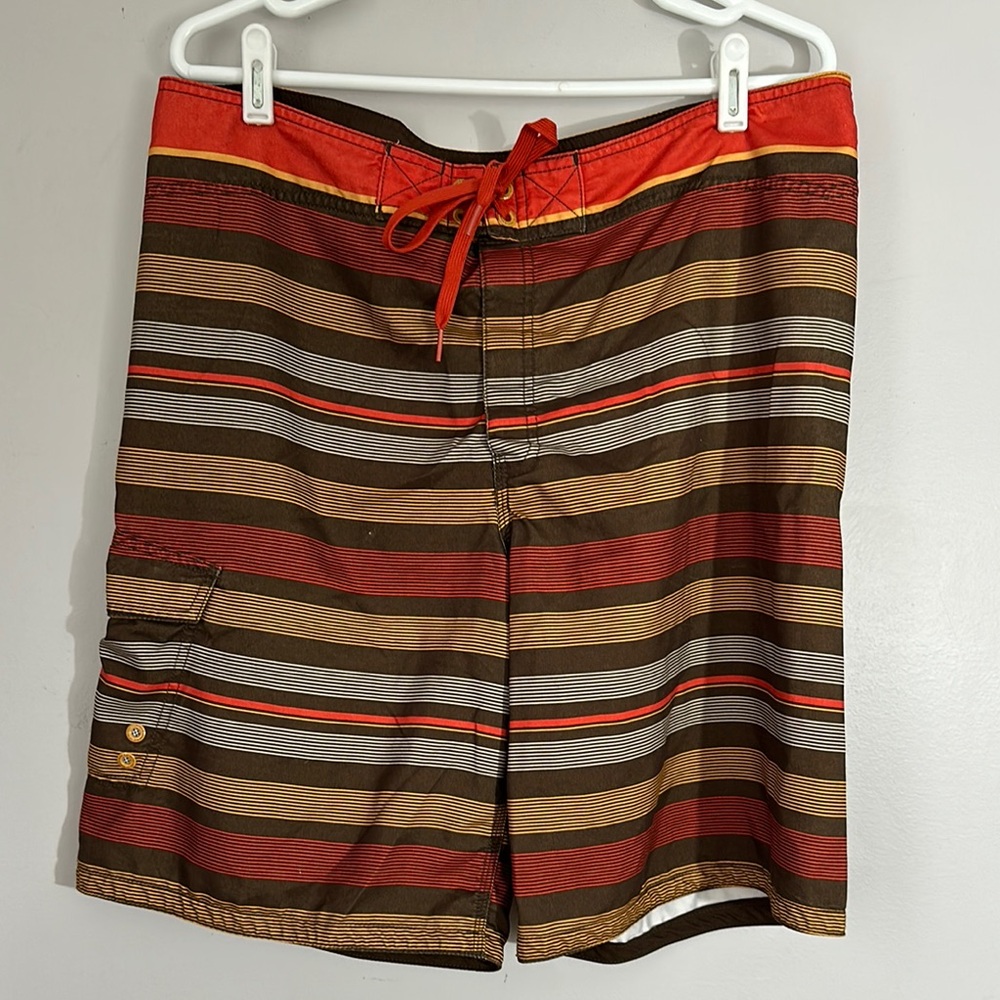 Striped Men's Swim Shorts - Red, Brown, and Tan